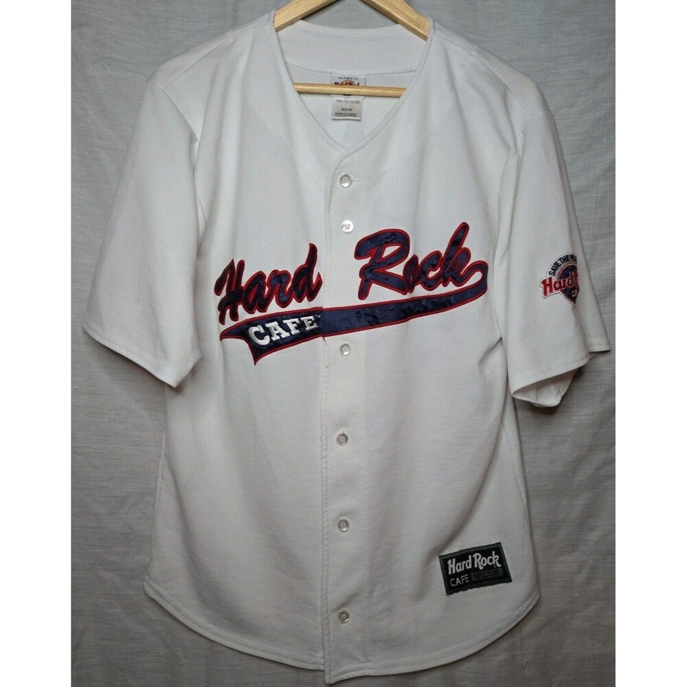 Hard Rock Cafe Atlanta Baseball Jersey Mens Med White Short Sleeve Embroidered